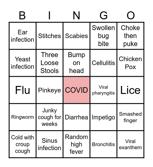 Preschool Illness Bingo Card