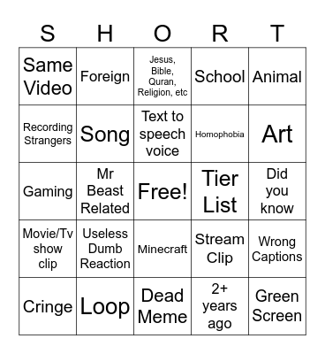 Speedrunning Cringe Bingo Card