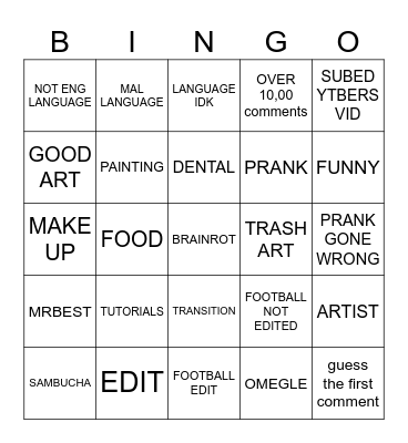 Youtube Bingo Card