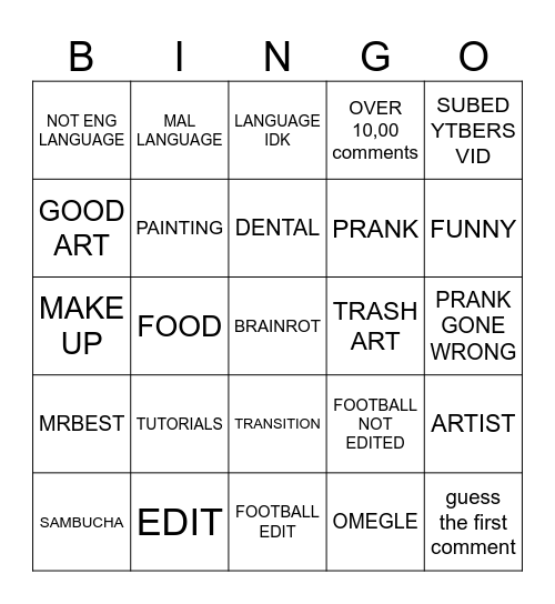 Youtube Bingo Card