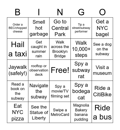 New York City Bingo Card