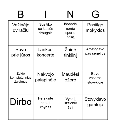 Vasaros bingo Card