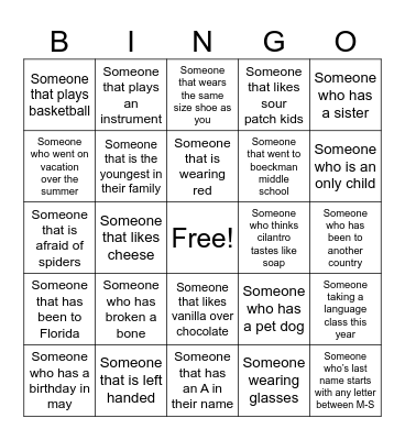 Get to know you Bingo Card