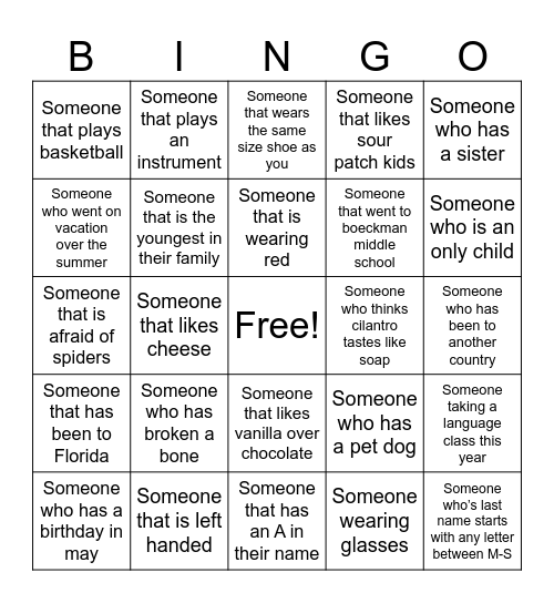 Get to know you Bingo Card