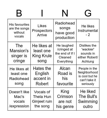 Playlist bingo Card