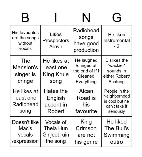 Playlist bingo Card