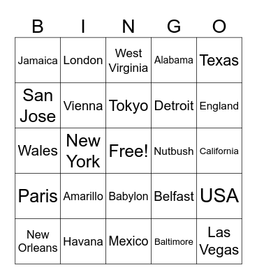 PLACES Bingo Card