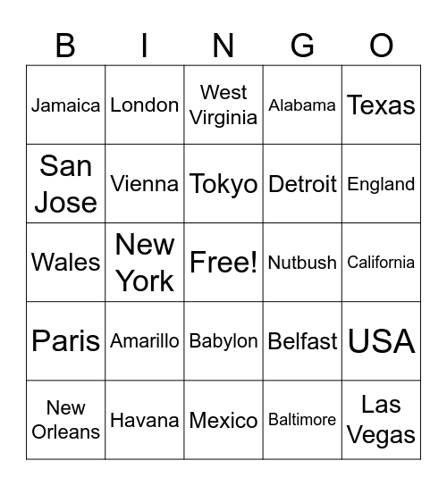 PLACES Bingo Card