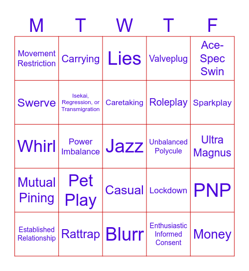 Swindle Romance Bingo Card
