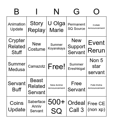 FGO 9th Anniversary Bingo Card