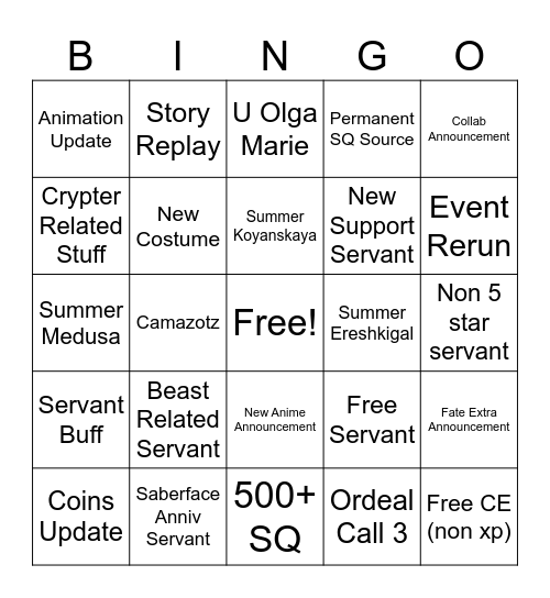 FGO 9th Anniversary Bingo Card