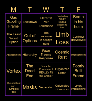Swindle Whump Bingo Card