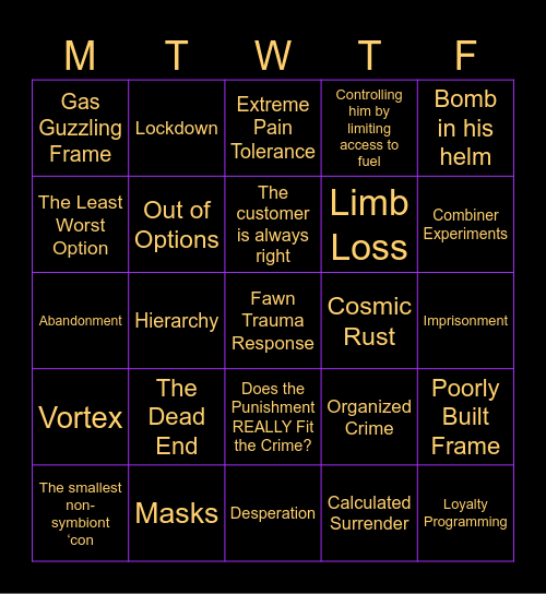 Swindle Whump Bingo Card