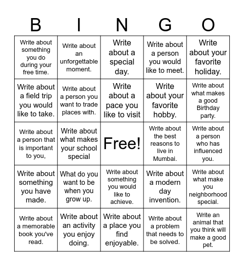 Expository Writing Prompts Bingo Card