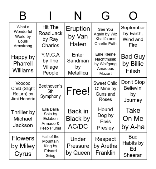 Musical Bingo Card