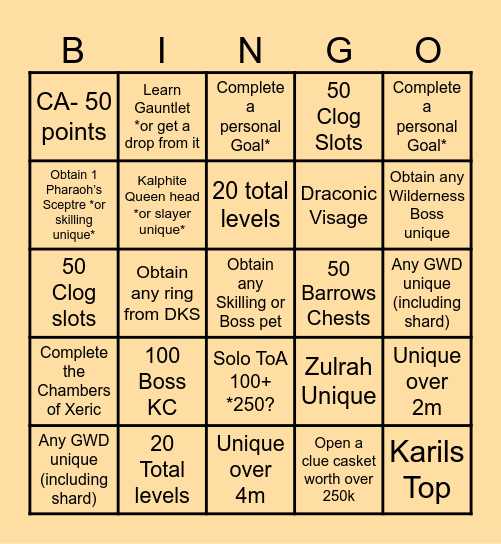 Old School RuneScape Bingo Card