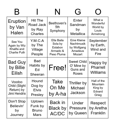 Musical Bingo Card
