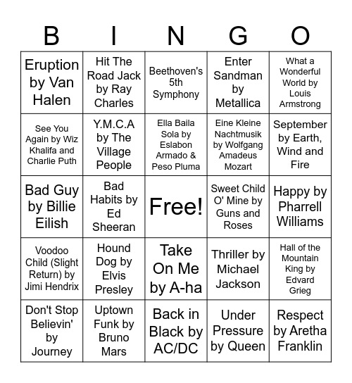 Musical Bingo Card