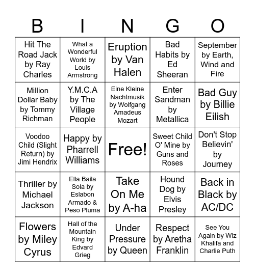 Musical Bingo Card