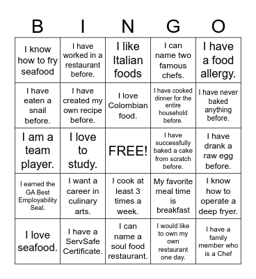 CULINARY ARTS Bingo Card