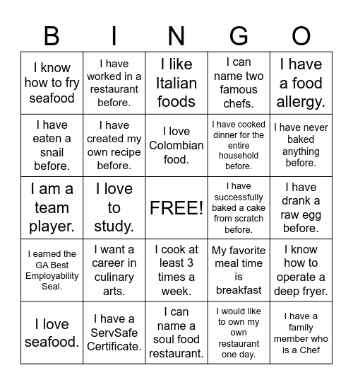 CULINARY ARTS Bingo Card