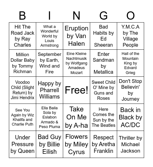 Musical Bingo Card