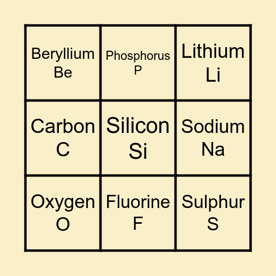 Elements bingo Card