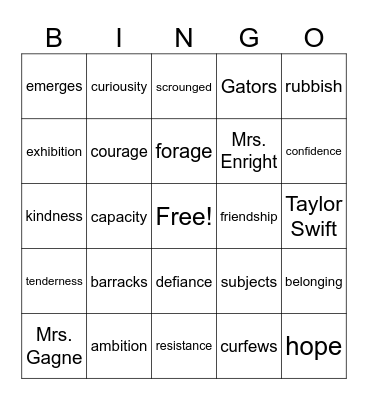 Vocab Words Bingo Card