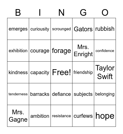 Vocab Words Bingo Card