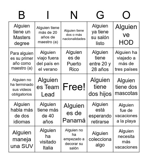 Conociéndonos Bingo Card