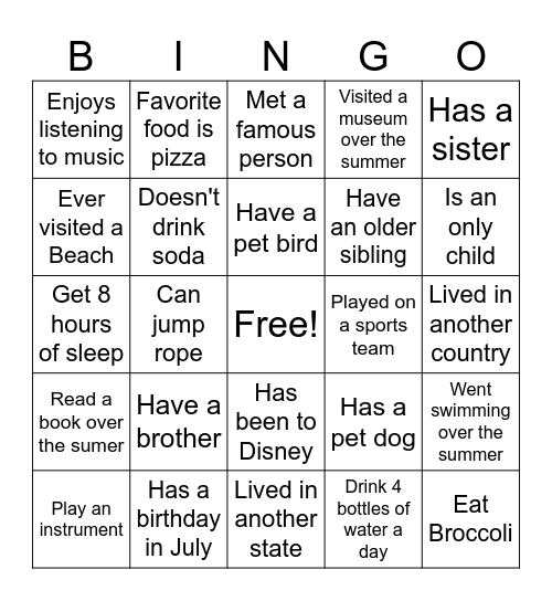 Welcome Back Bingo Card