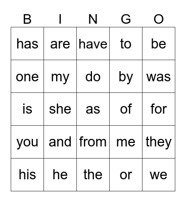 K sight words Bingo Card