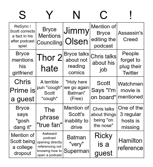 NerdSync Podcast Bingo Card