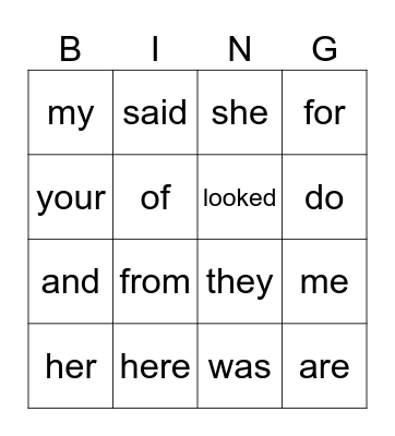 Heart Word Bingo Card