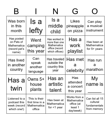 Get to Know You Bingo Card
