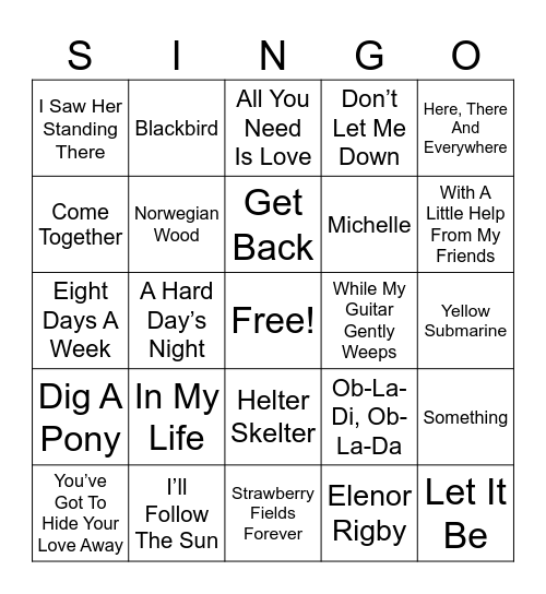 Beatle Mania Bingo Card