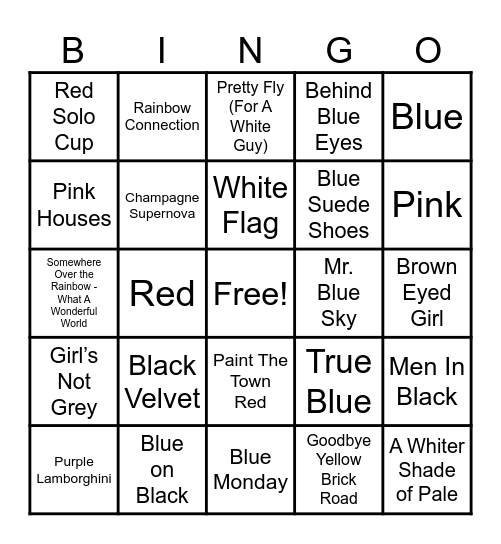 Piccadillys and Summit Events Colors Music Bingo Card