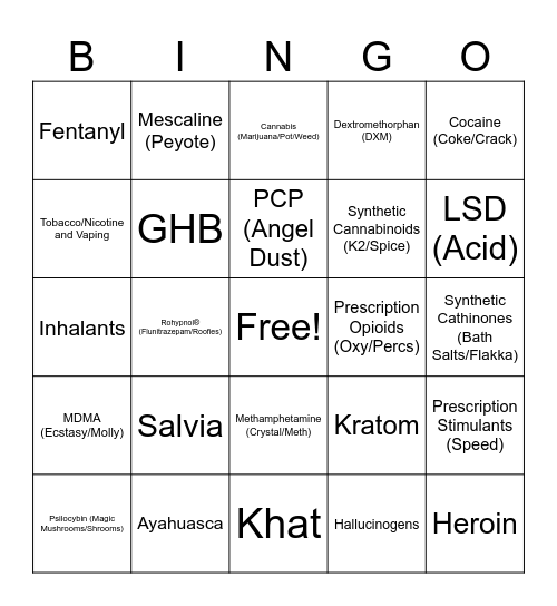 Nursing Group Substance BINGO Card