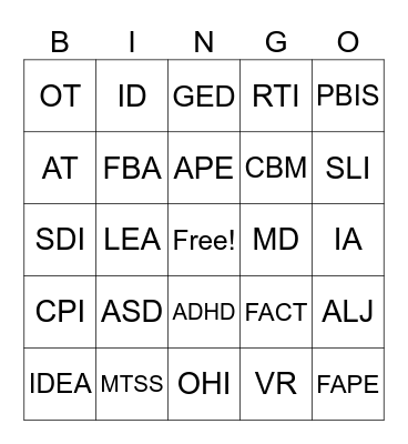 Special Education Bingo Card