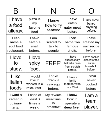 CULINARY ARTS Bingo Card