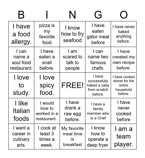 CULINARY ARTS Bingo Card