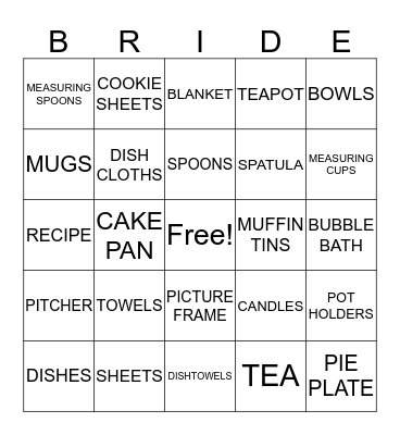 KAYLA'S BRIDAL SHOWER Bingo Card