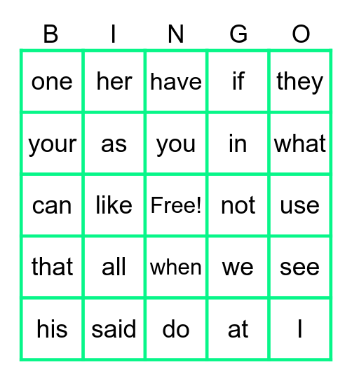 Sight Word Bingo Card