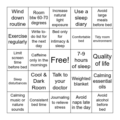 Sleep Hygiene Bingo Card