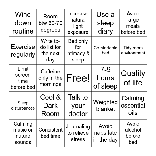 Sleep Hygiene Bingo Card