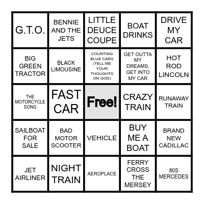 VEHICLE Bingo Card