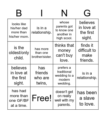 Relationship Bingo Card
