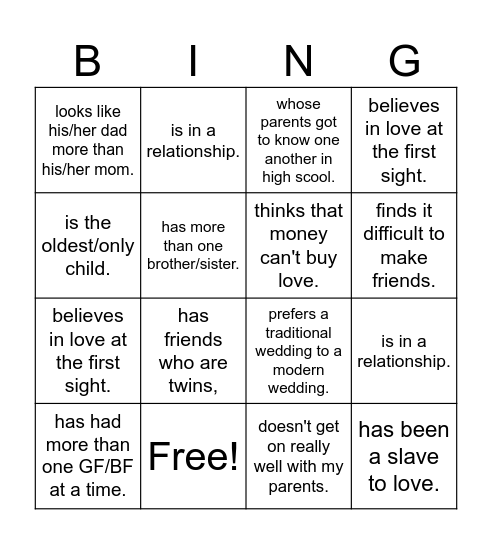 Relationship Bingo Card