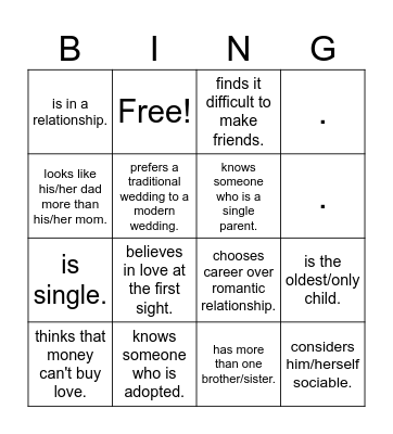 Relationship Bingo Card
