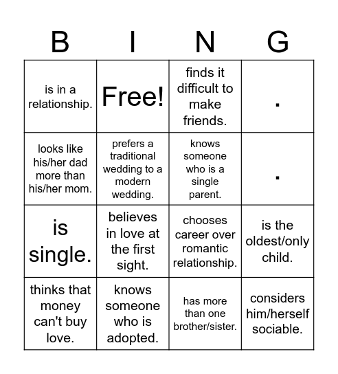 Relationship Bingo Card